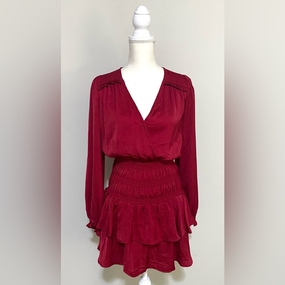 Glam Womens S Solid Dark Red Long Sleeve Ruffle Dress Preppy Whimsigoth Feminine